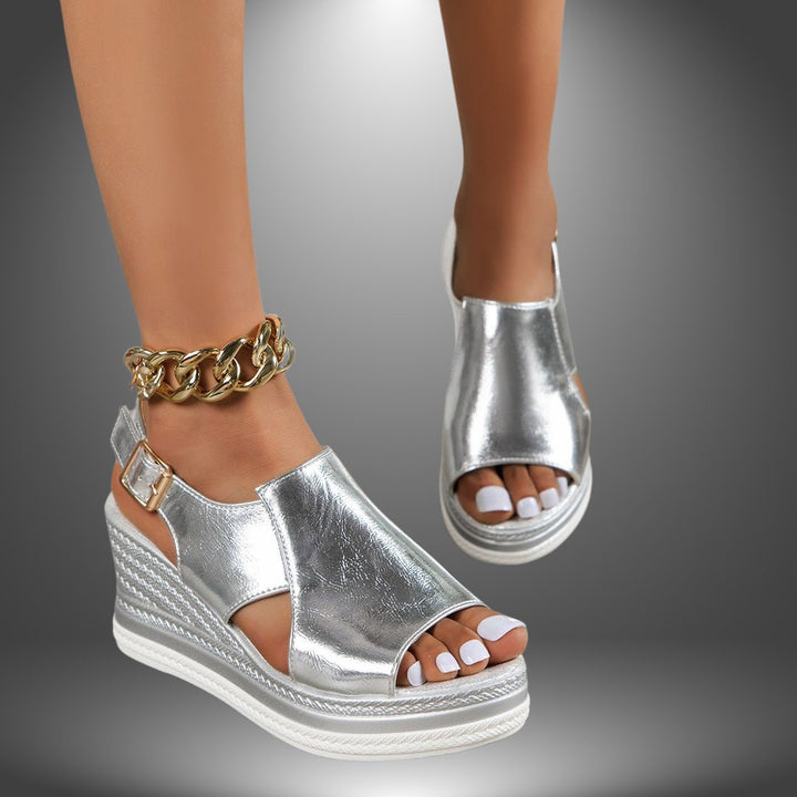 Damen Metallic Keilsandalen Offene Plateau-Sandalen Schnallenverschluss