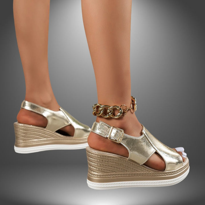 Damen Metallic Keilsandalen Offene Plateau-Sandalen Schnallenverschluss