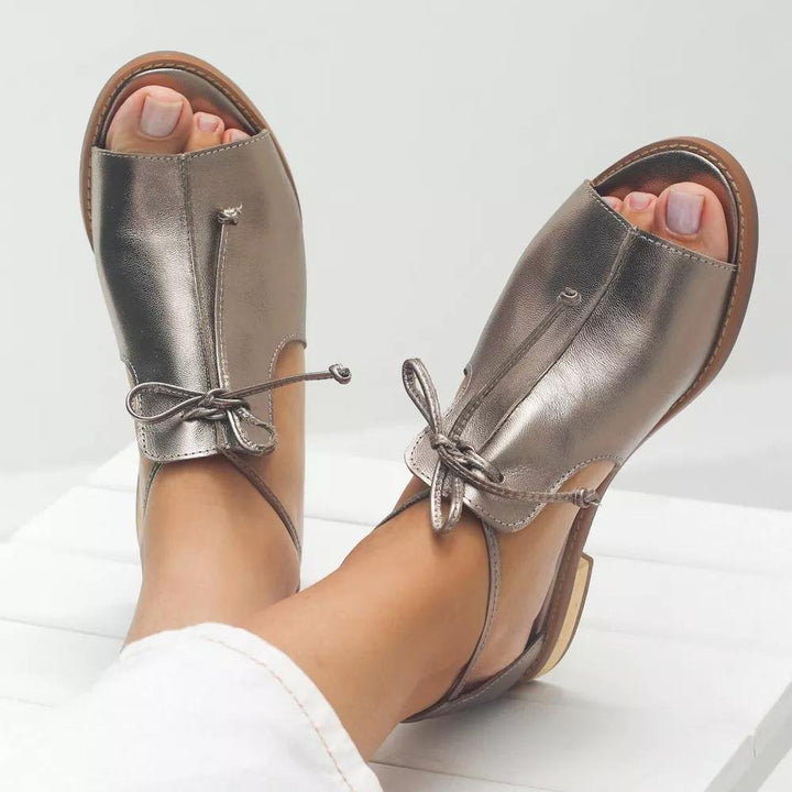 Damen Metallic Peeptoe Sandalen Schleifenriemen Flach - Silver