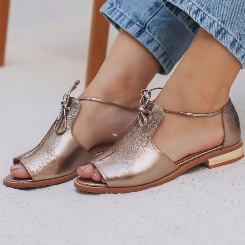 Damen Metallic Peeptoe Sandalen Schleifenriemen Flach - Gold