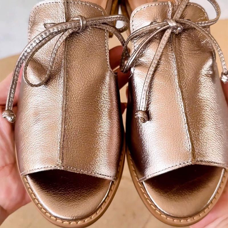 Damen Metallic Peeptoe Sandalen Schleifenriemen Flach