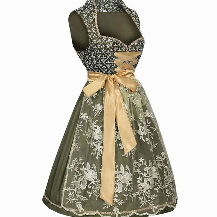 Damen Midi-Dirndl Trachtenkleid Herzausschnitt Spitzenrock Goldschürze
