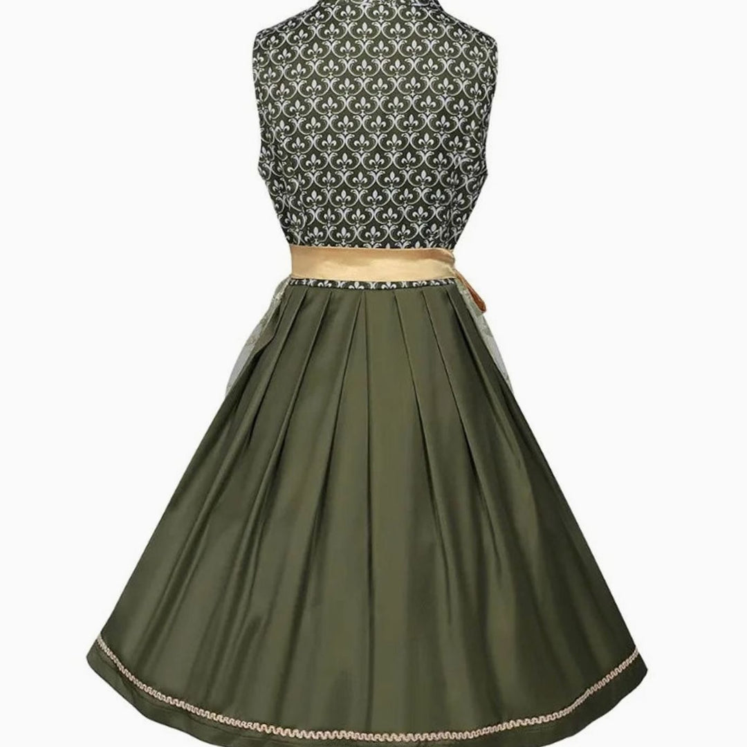 Damen Midi-Dirndl Trachtenkleid Herzausschnitt Spitzenrock Goldschürze
