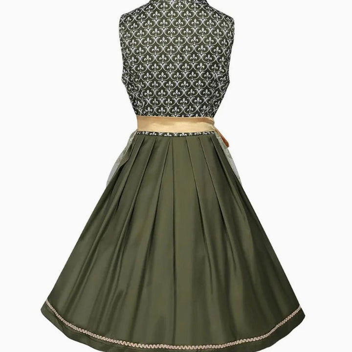 Damen Midi-Dirndl Trachtenkleid Herzausschnitt Spitzenrock Goldschürze