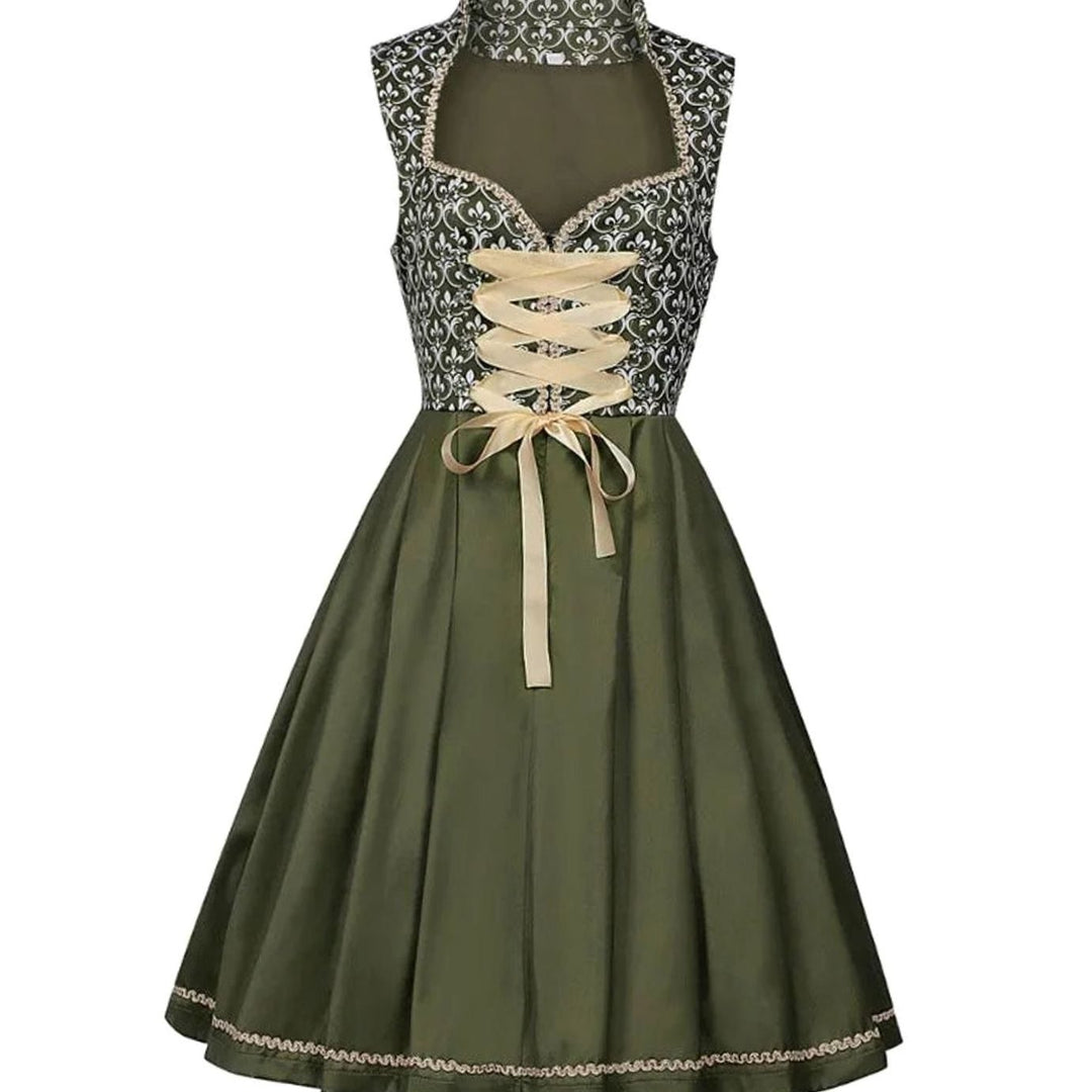 Damen Midi-Dirndl Trachtenkleid Herzausschnitt Spitzenrock Goldschürze