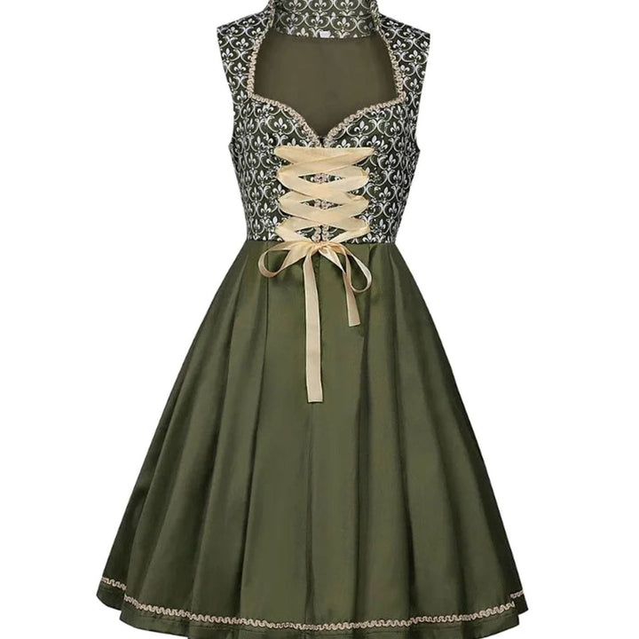 Damen Midi-Dirndl Trachtenkleid Herzausschnitt Spitzenrock Goldschürze