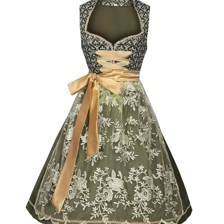 Damen Midi-Dirndl Trachtenkleid Herzausschnitt Spitzenrock Goldschürze