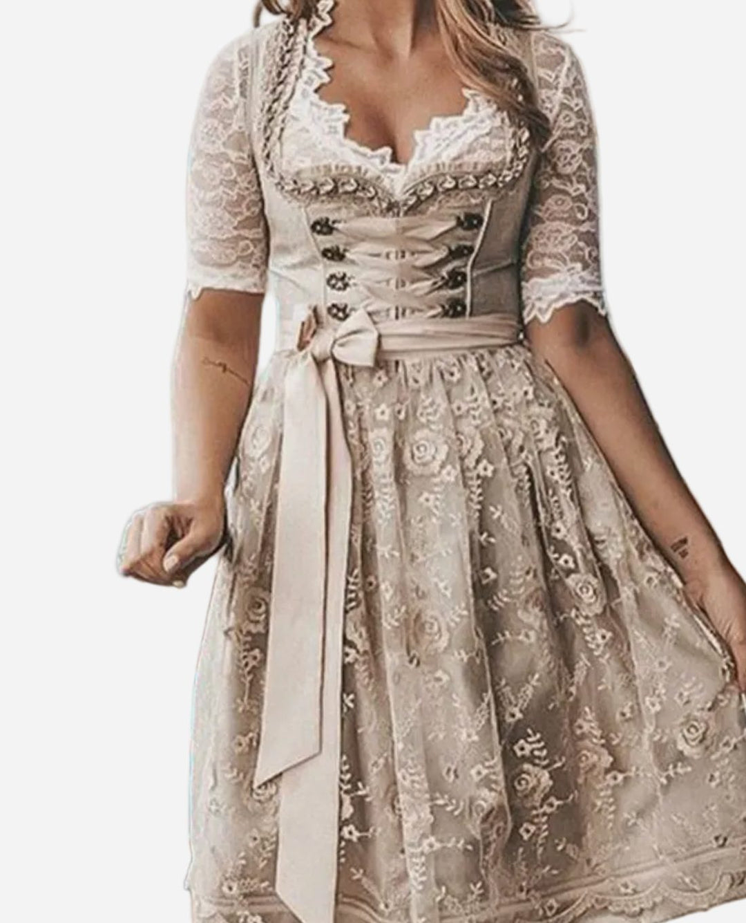 Damen Midi-Dirndlkleid mit Spitzenbluse Schnürmieder Blumenstickerei - Champagner-Beige