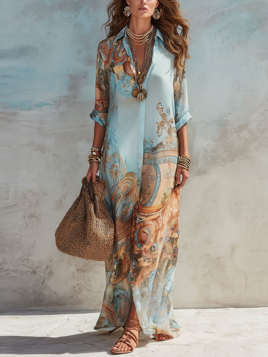 Damen Midi Dress Langarm Hemdkleid mit Paisley-Print - Hellblau
