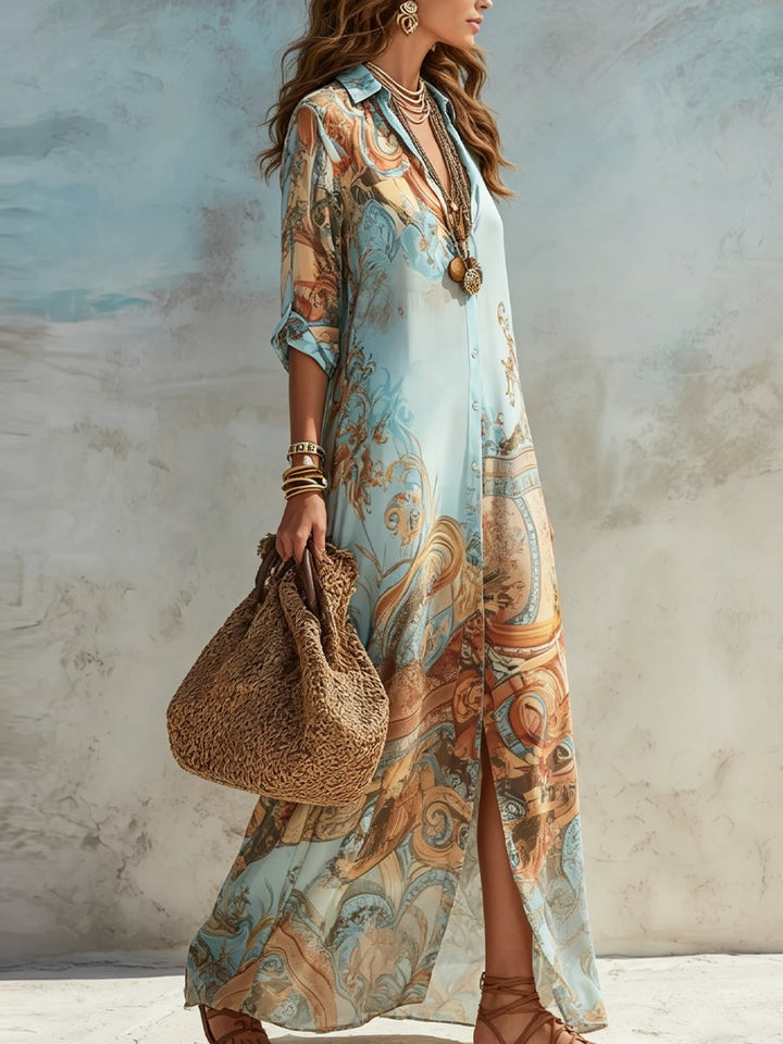 Damen Midi Dress Langarm Hemdkleid mit Paisley-Print