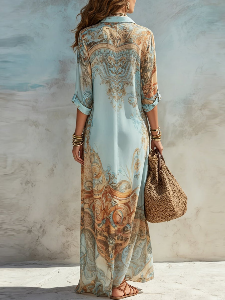 Damen Midi Dress Langarm Hemdkleid mit Paisley-Print