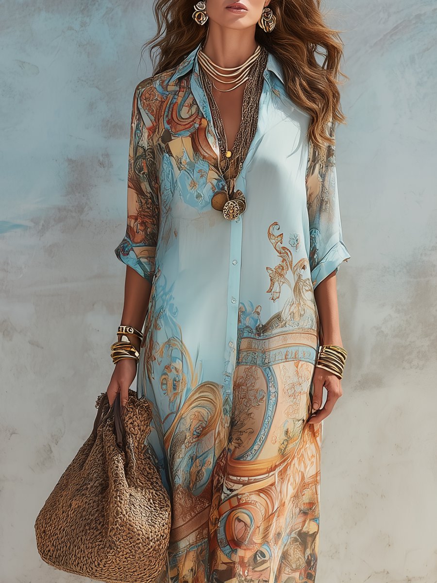 Damen Midi Dress Langarm Hemdkleid mit Paisley-Print
