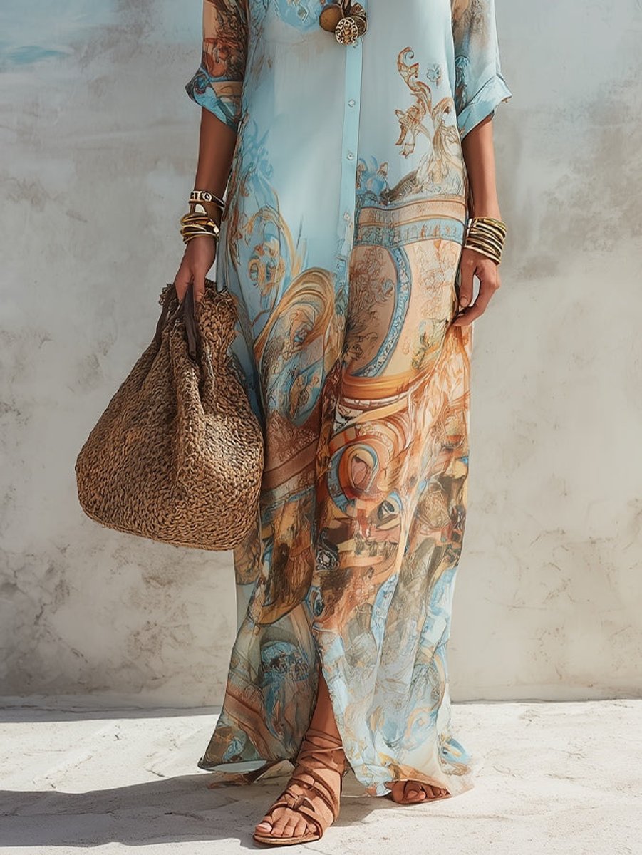 Damen Midi Dress Langarm Hemdkleid mit Paisley-Print