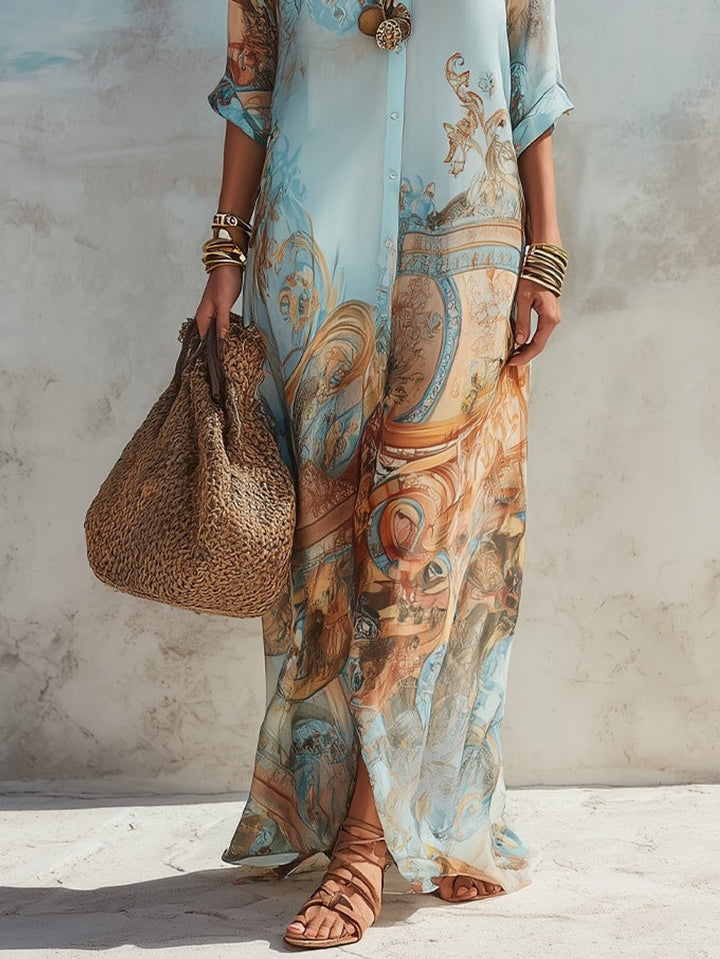 Damen Midi Dress Langarm Hemdkleid mit Paisley-Print