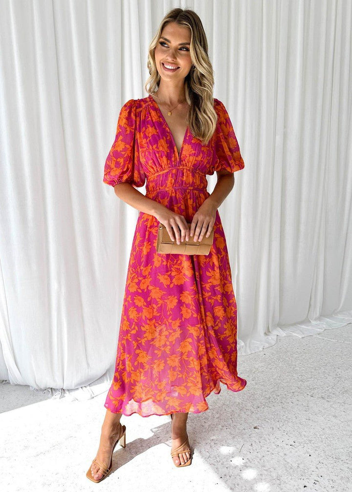 Damen Midi Kleid Puffärmel V-Ausschnitt Blumendruck - Roze-Oranje