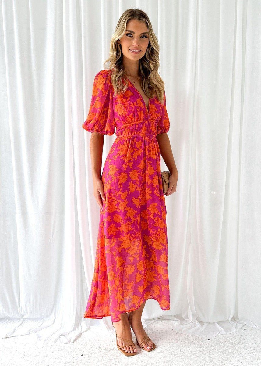 Damen Midi Kleid Puffärmel V-Ausschnitt Blumendruck