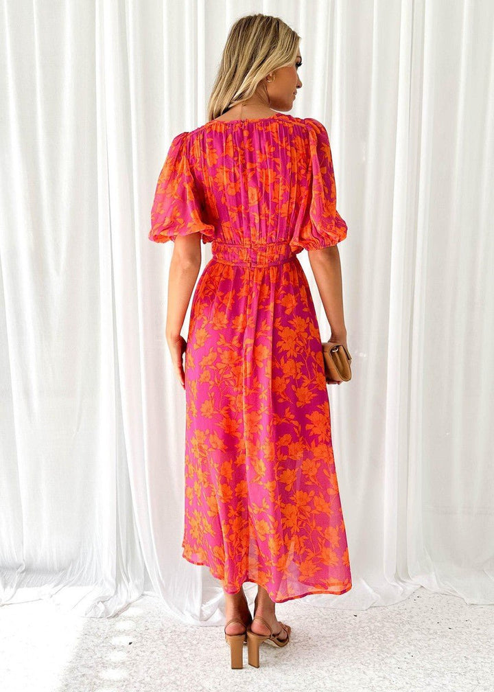 Damen Midi Kleid Puffärmel V-Ausschnitt Blumendruck