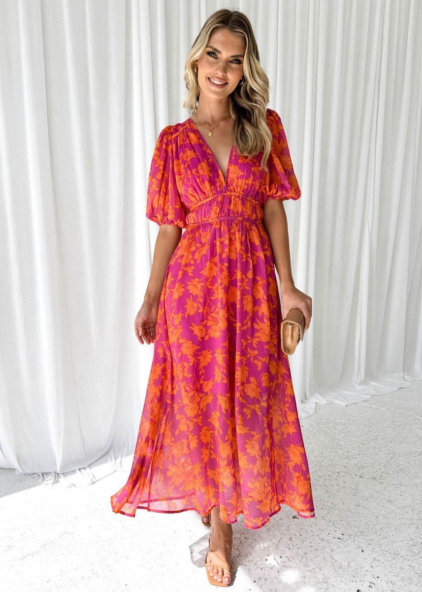 Damen Midi Kleid Puffärmel V-Ausschnitt Blumendruck