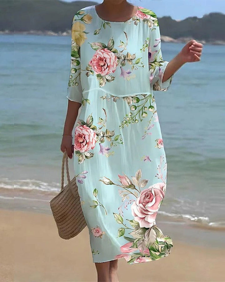 Damen Midi-Sommerkleid mit Blumenprint 3/4-Arm Rundhals - Blaue Blumen