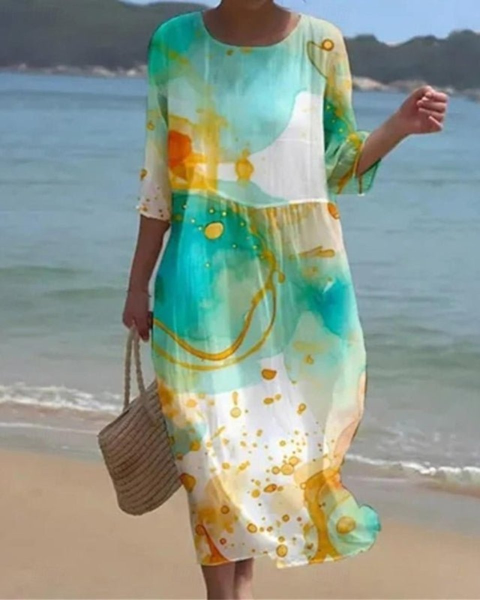 Damen Midi-Sommerkleid mit Blumenprint 3/4-Arm Rundhals - Grüne Farbtupfer