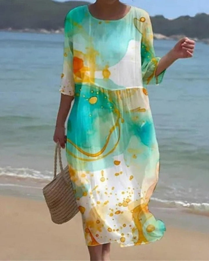Damen Midi-Sommerkleid mit Blumenprint 3/4-Arm Rundhals - Grüne Farbtupfer