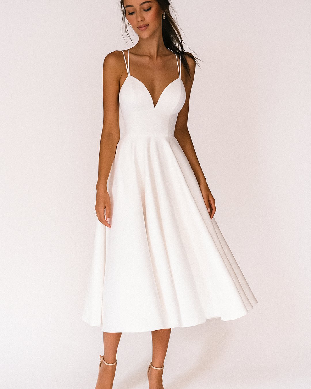 Damen Midi Spaghetti-Träger Hochzeitsgast Kleid - Wit