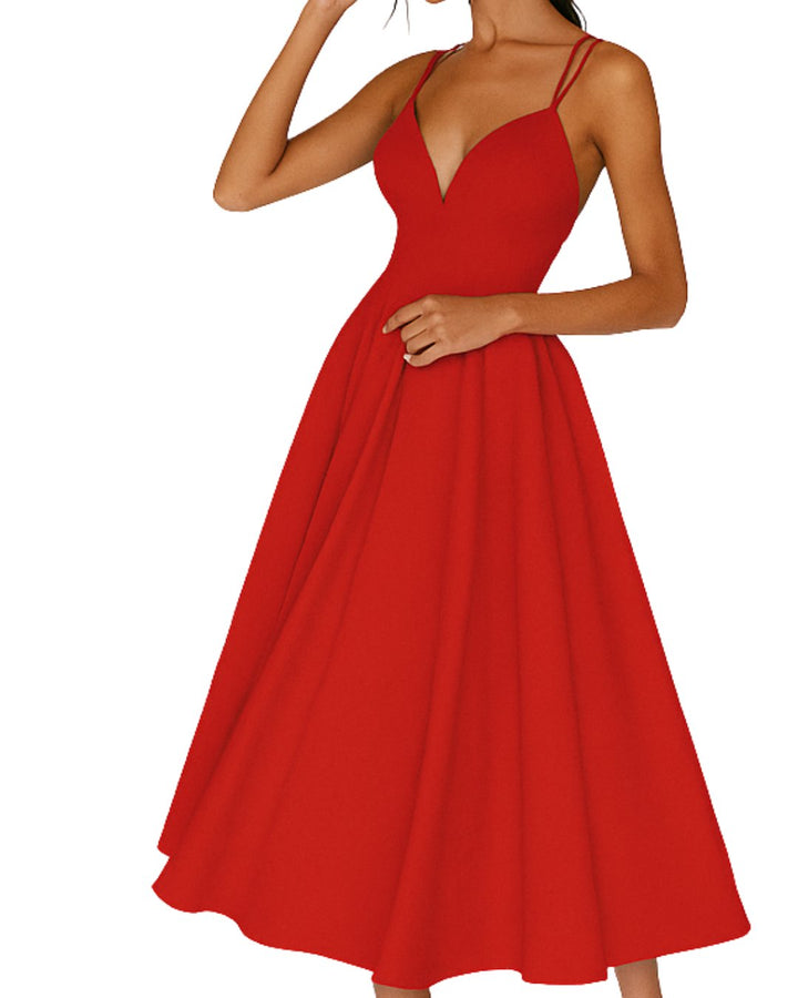 Damen Midi Spaghetti-Träger Hochzeitsgast Kleid - Rood