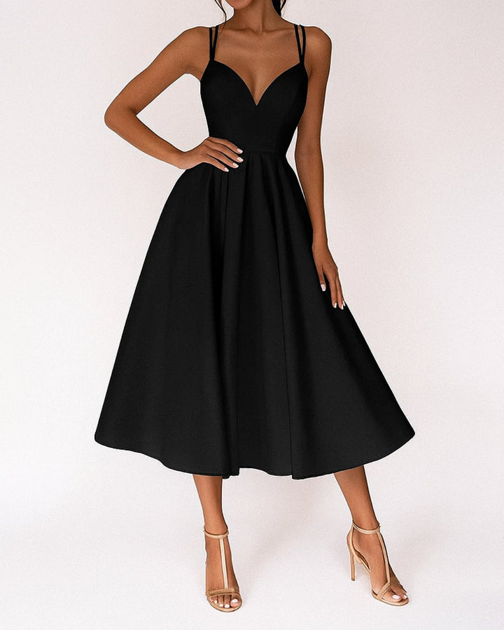 Damen Midi Spaghetti-Träger Hochzeitsgast Kleid - Zwart