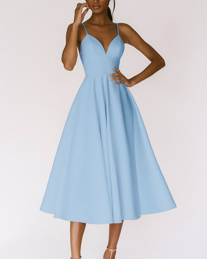 Damen Midi Spaghetti-Träger Hochzeitsgast Kleid - Blauw