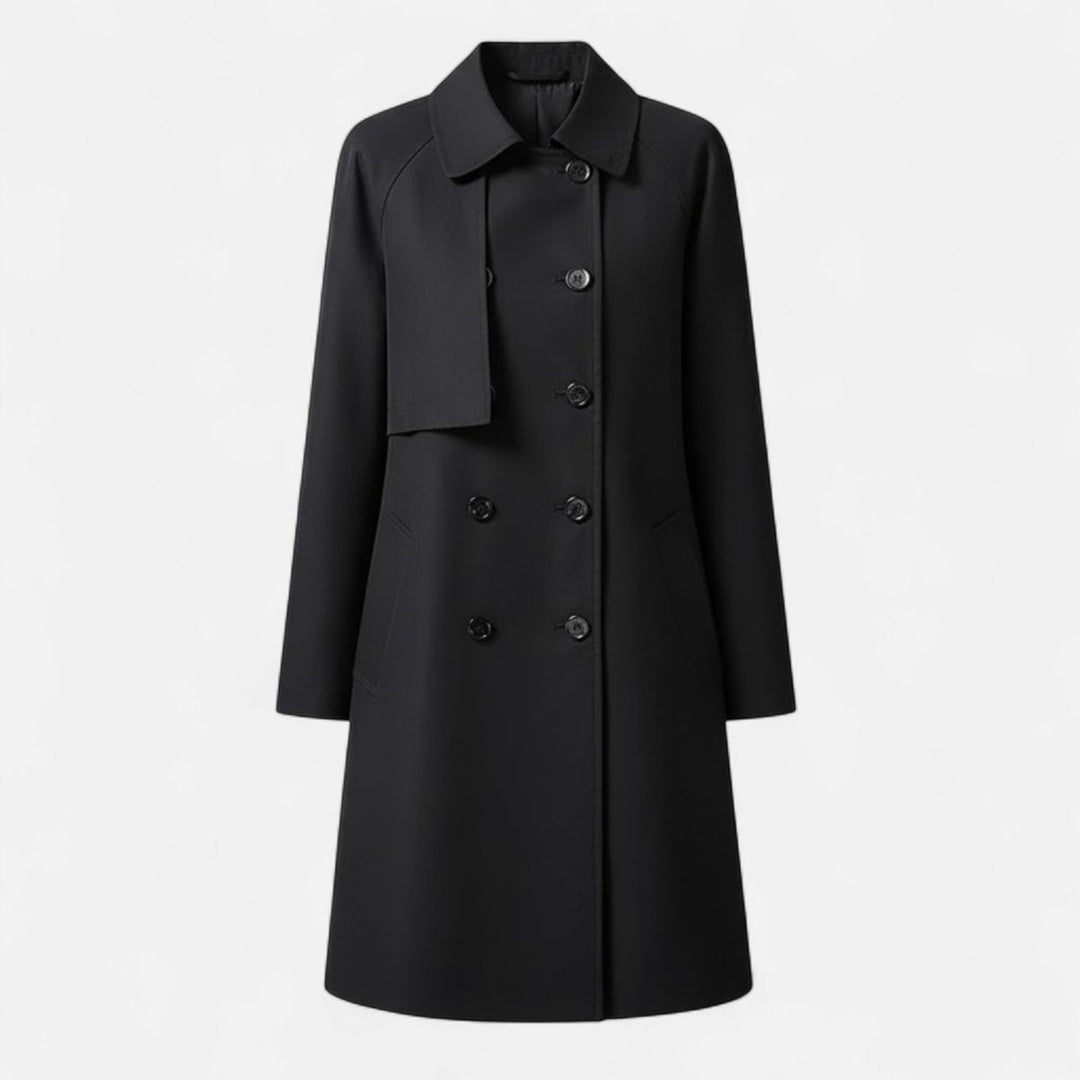 Damen Midi Wollmix Trench Coat mit Doppelknopfleiste - Schwarz