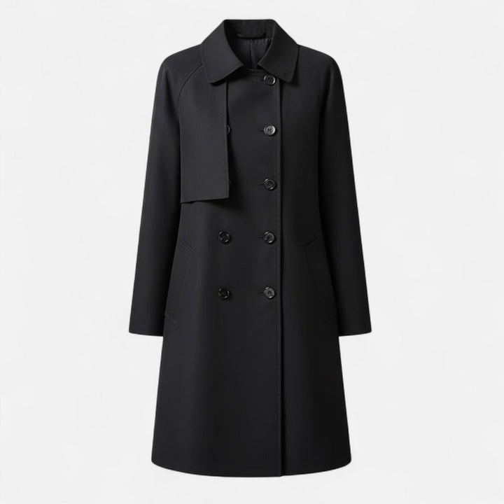 Damen Midi Wollmix Trench Coat mit Doppelknopfleiste - Schwarz