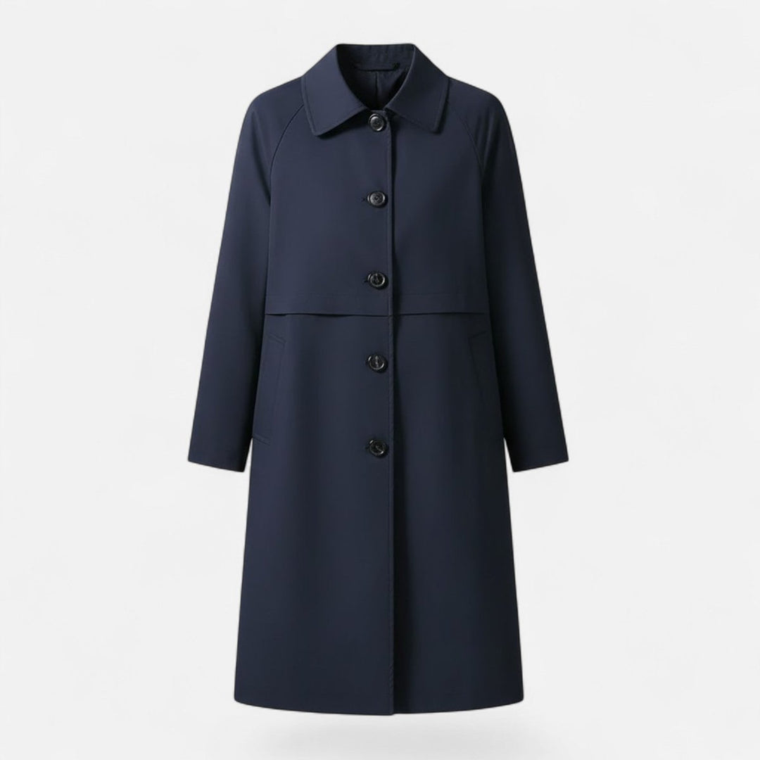 Damen Midi Wollmix Trench Coat mit Doppelknopfleiste - Marineblau