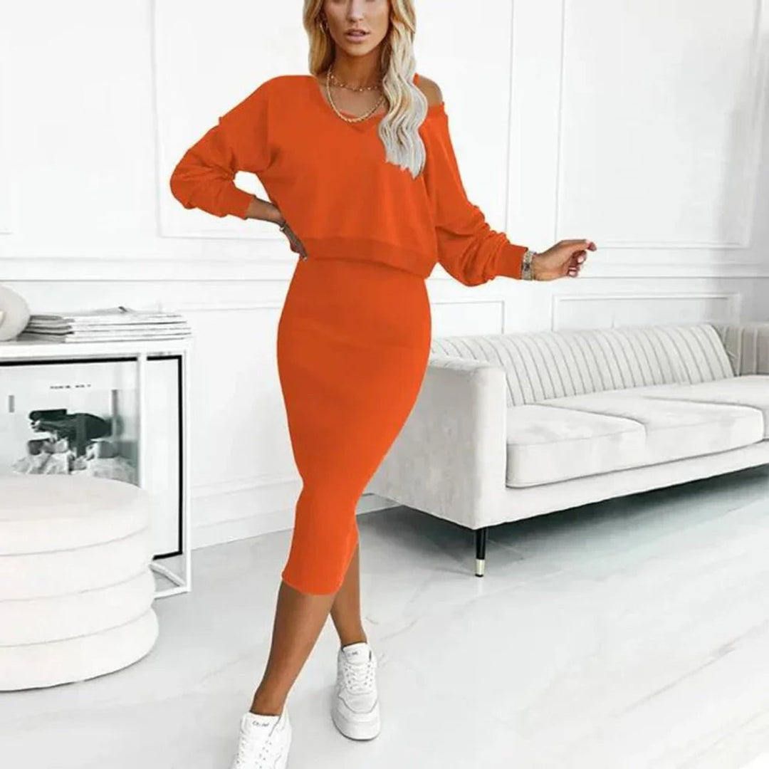 Damen Midikleid mit Sweatshirt-Oberteil figurbetontes Zweiteiler-Set - Orange