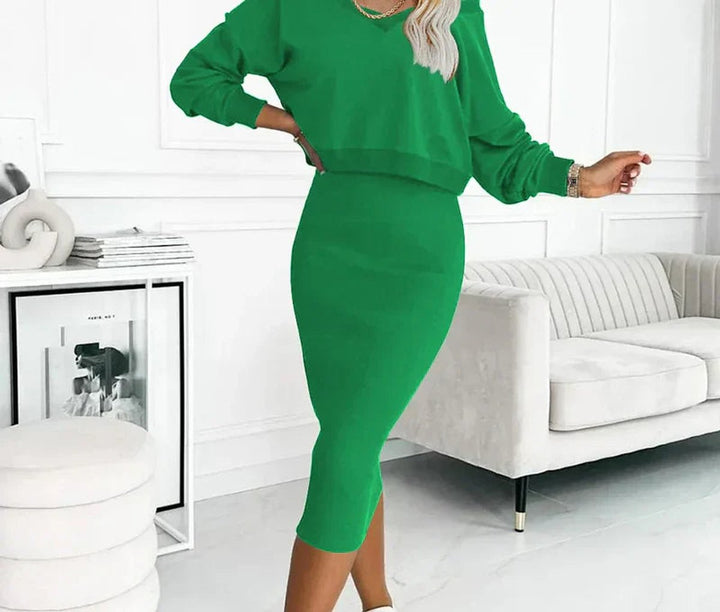 Damen Midikleid mit Sweatshirt-Oberteil figurbetontes Zweiteiler-Set - Grün