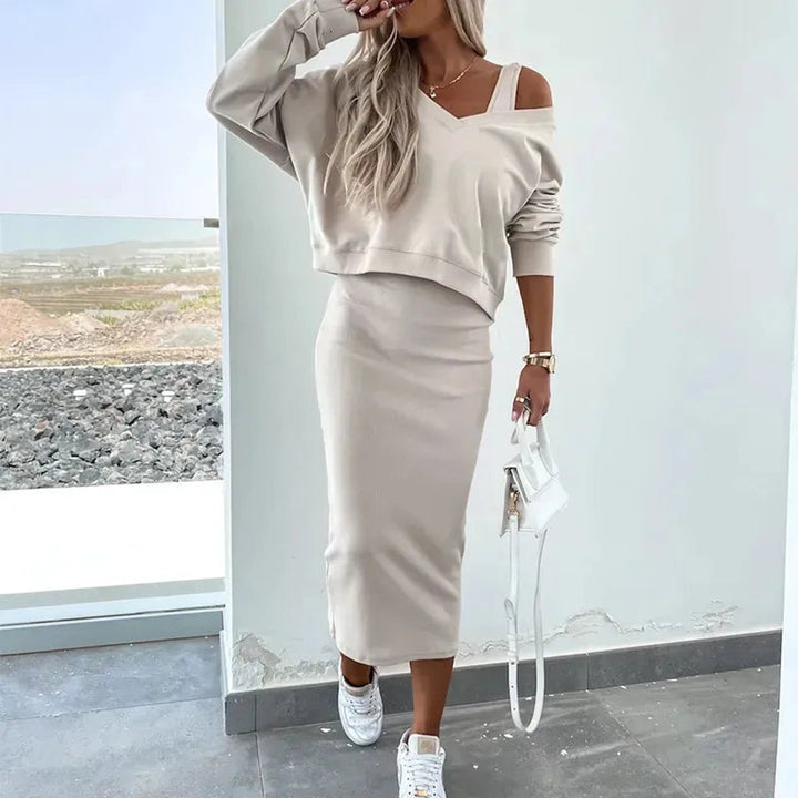 Damen Midikleid mit Sweatshirt-Oberteil figurbetontes Zweiteiler-Set - Weiß