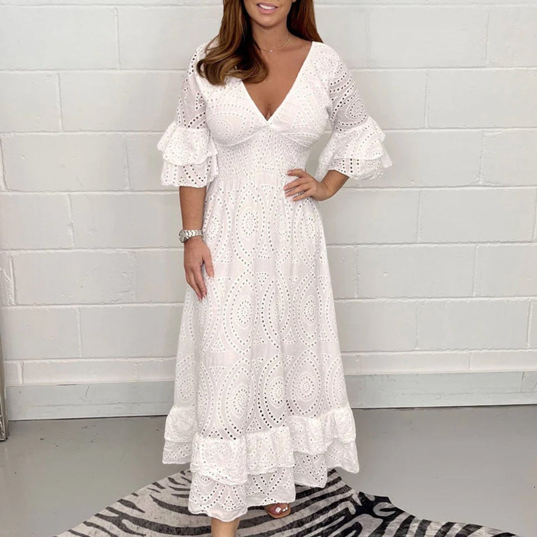 Damen Midikleid Weißes Anglaise-Spitze V-Ausschnitt Rüschenärmel