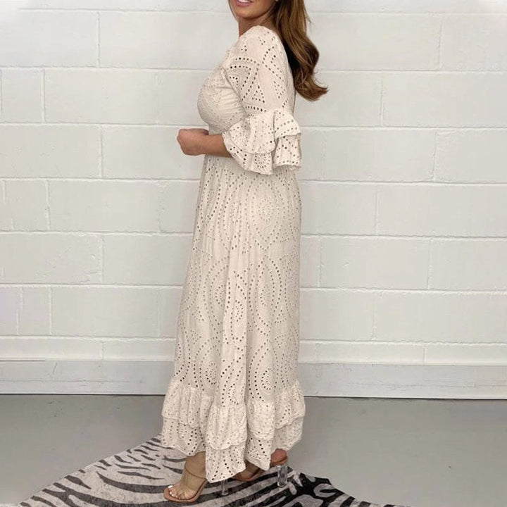 Damen Midikleid Weißes Anglaise-Spitze V-Ausschnitt Rüschenärmel
