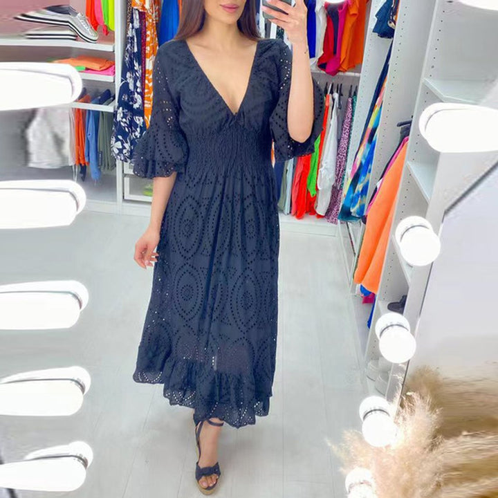 Damen Midikleid Weißes Anglaise-Spitze V-Ausschnitt Rüschenärmel