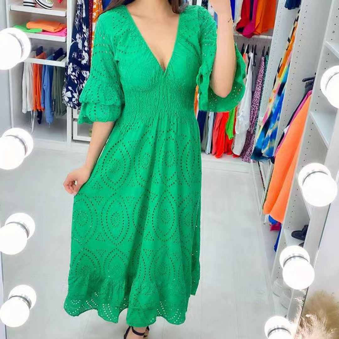 Damen Midikleid Weißes Anglaise-Spitze V-Ausschnitt Rüschenärmel - Grün