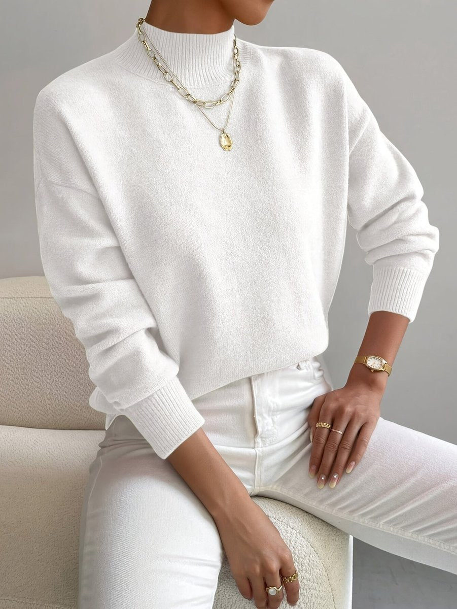 Damen Mock-Turtleneck Langarm Relaxed-Fit Sweater - White