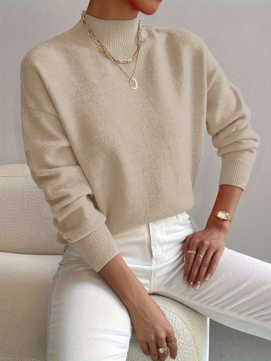 Damen Mock-Turtleneck Langarm Relaxed-Fit Sweater - Beige