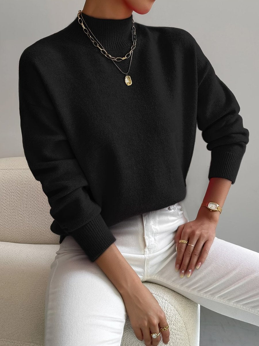 Damen Mock-Turtleneck Langarm Relaxed-Fit Sweater - Black