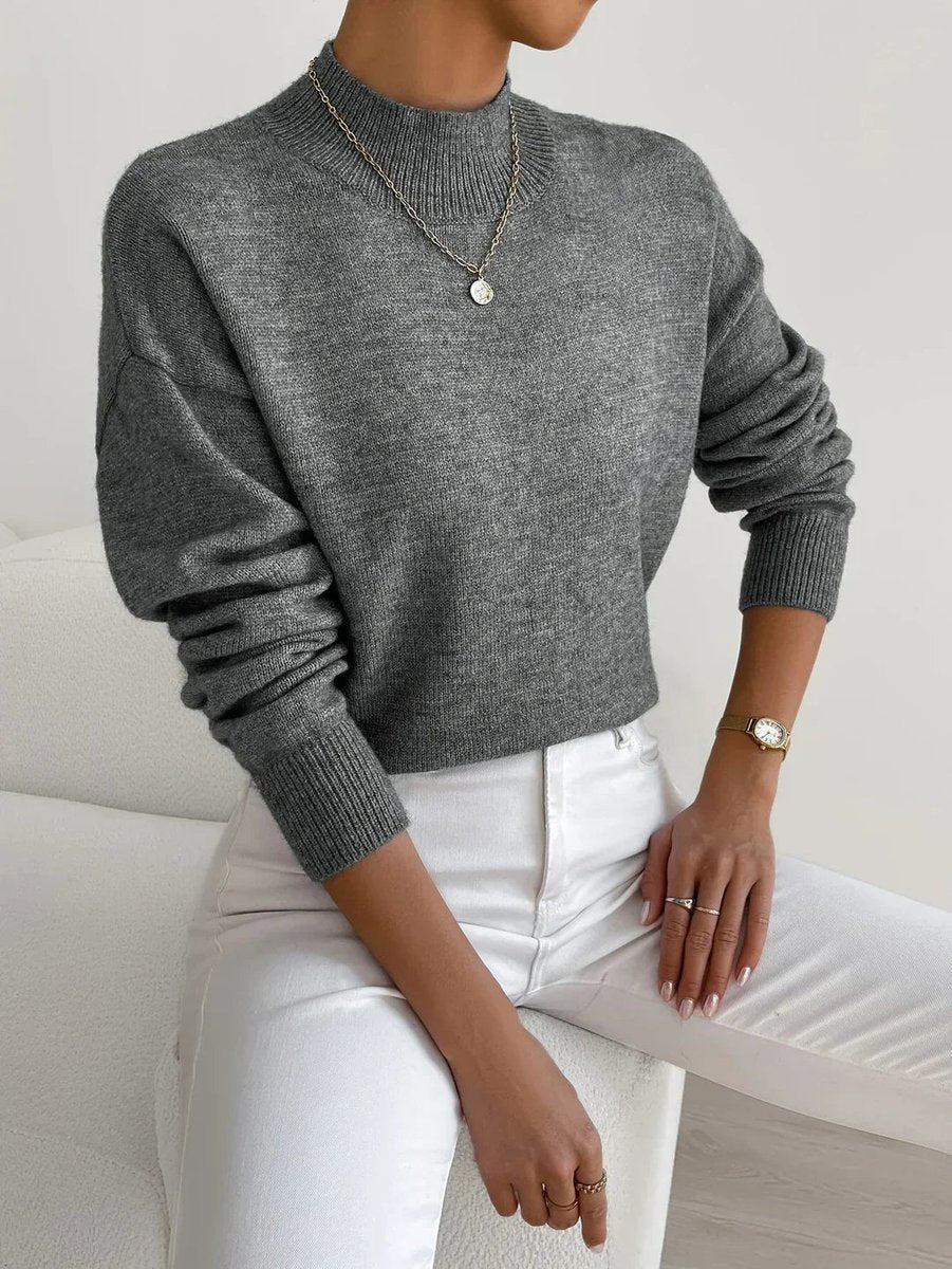 Damen Mock-Turtleneck Langarm Relaxed-Fit Sweater - Dark Grey