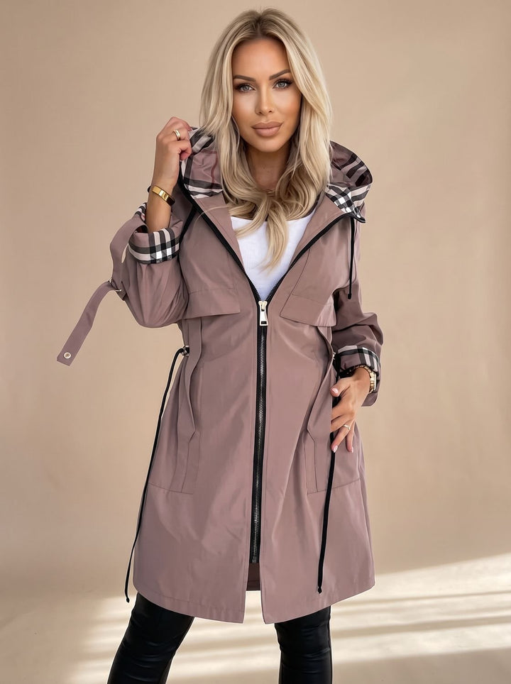Damen Moderner Trenchcoat Kapuze Kariert Taillengürtel Reißverschluss - Braun