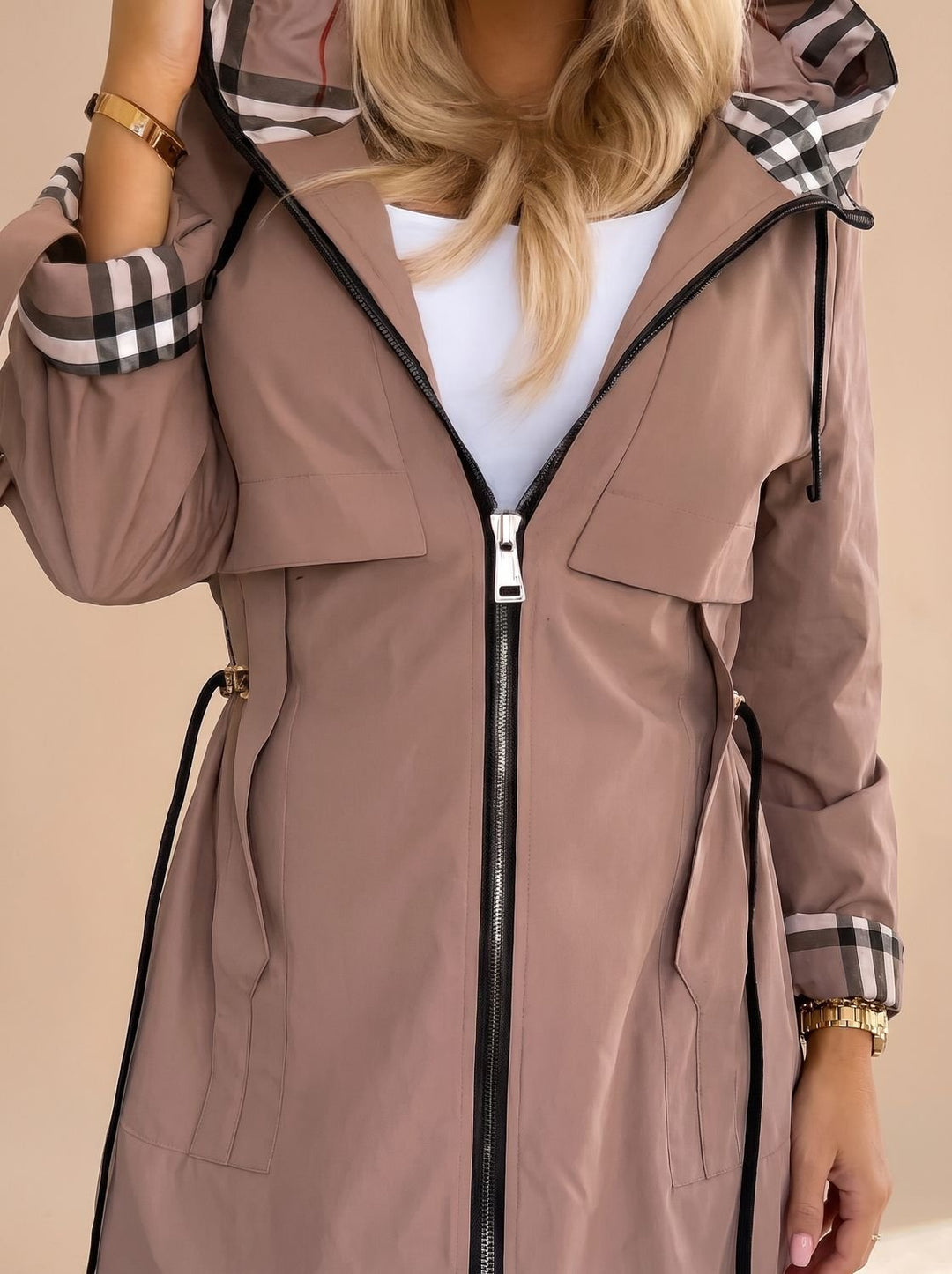 Damen Moderner Trenchcoat Kapuze Kariert Taillengürtel Reißverschluss