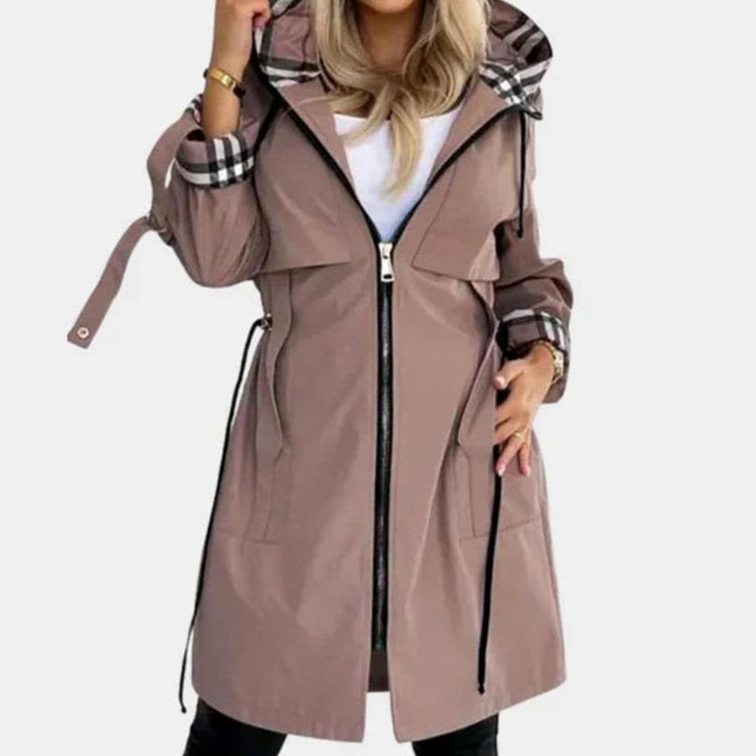 Damen Moderner Trenchcoat Kapuze Reißverschluss Taillengürtel - Braun