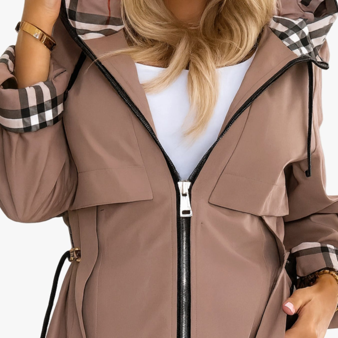 Damen Moderner Trenchcoat Kapuze Reißverschluss Taillengürtel