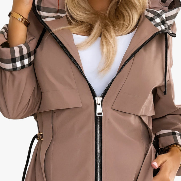 Damen Moderner Trenchcoat Kapuze Reißverschluss Taillengürtel
