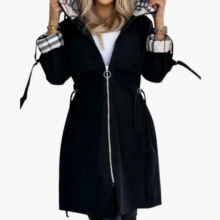 Damen Moderner Trenchcoat Kapuze Reißverschluss Taillengürtel - Schwarz