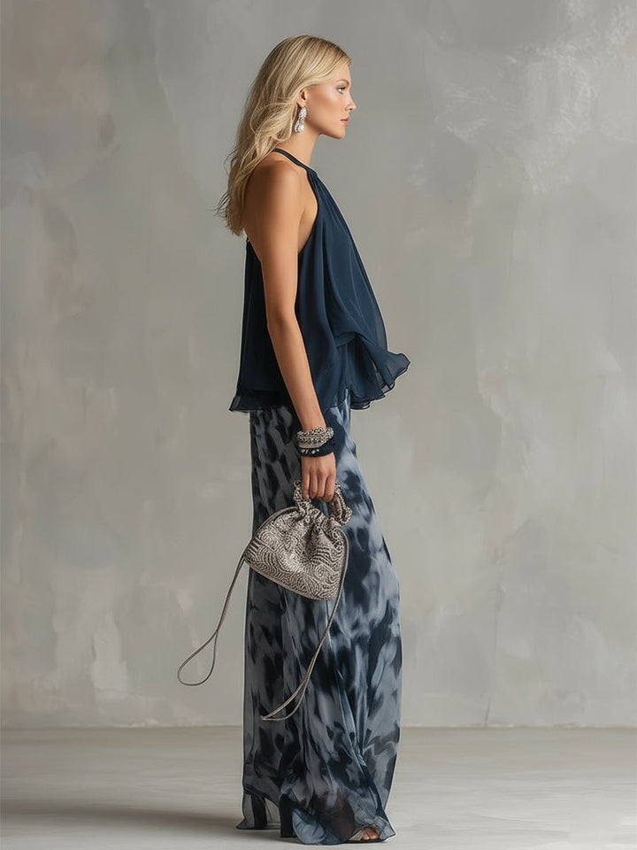Damen Neckholder Bluse Weites Bein Zweiteiler Hosenset
